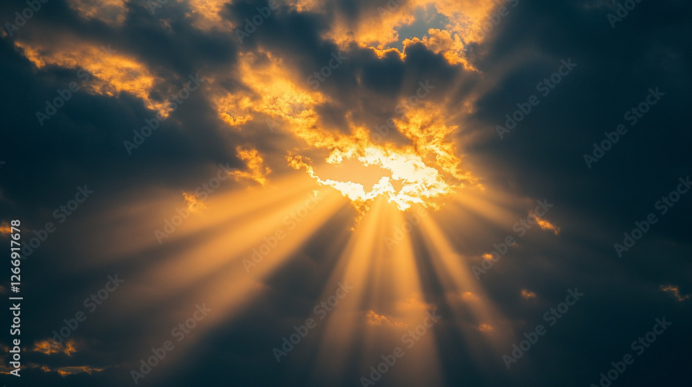 Poster sunlight breaks through dark clouds creating a stunning display of rays at sunset
