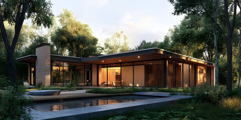Modern House nestled in a lush green forest, showcasing a tranquil atmosphere.