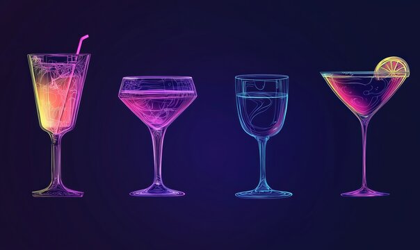 Colorful neon outline illustrations of various cocktails and drinks on dark background