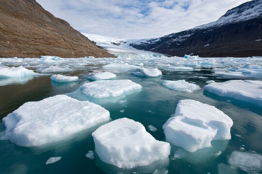 Stunning view of floating icebergs in a serene glacial lake surrounded by rugged mountains landscape during clear weather