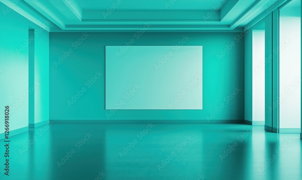 Poster minimalist turquoise room with empty canvas for artwork display