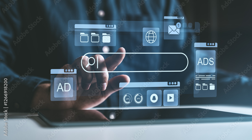 Poster digital search interface concept with hand interacting with floating icons.