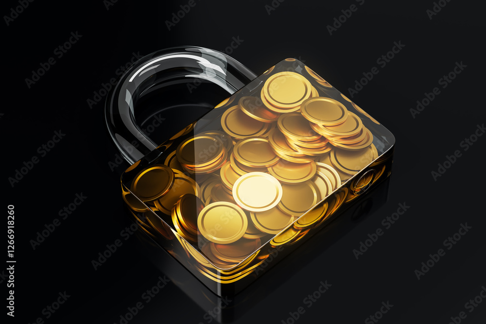 Poster transparent padlock filled with golden coins, symbolizing secure storage of wealth and protection of