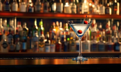Classic martini cocktail with cherries on bar counter in vibrant bar setting