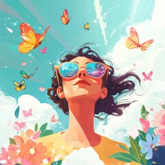 Joyful girl wearing sunglasses surrounded by butterflies and flowers in a vibrant summer sky. Generative AI