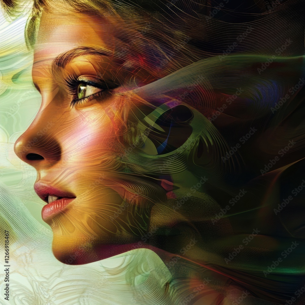 Poster artistic representation of a woman's profile with vibrant colors and abstract patterns in a surreal 