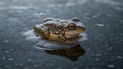 Obraz premium Frog with tranquil vibe resting against dark water 
