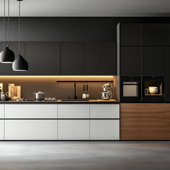 Modern Kitchen Design: A sleek, contemporary kitchen showcases minimalist aesthetics with dark cabinets, a minimalist aesthetic, and elegant lighting, the epitome of modern design.