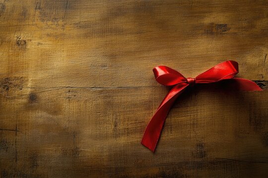 A red ribbon tied in a bow on a rustic wooden background, creating a festive and elegant scene. - Powered by Adobe