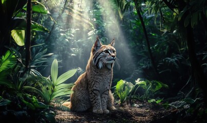 Wild bobcat sitting in lush green jungle with sunlight filtering through trees