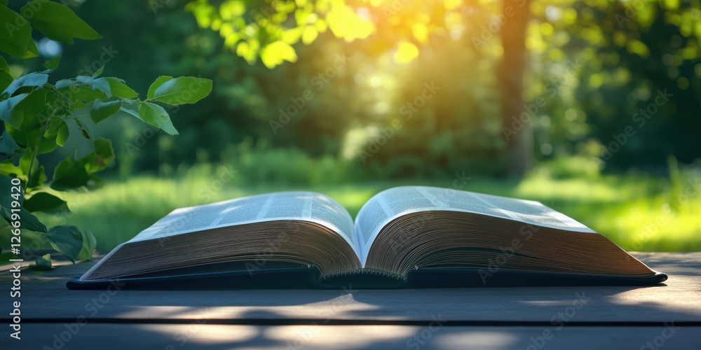 Aufkleber open book resting on wooden table in serene natural setting with sunlight filtering through trees