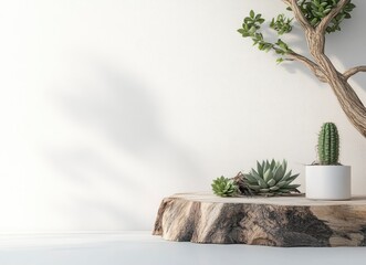 Minimal abstract background for product presentation, stone podium with cacti and succulents on a white surface, a wooden branch on the left side, 