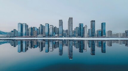 Fototapeta premium Serene Cityscape Reflection Modern Skyline Mirrored in Calm Water