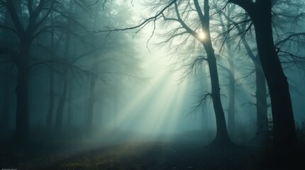 Mystical Foggy Forest with Sun Rays
