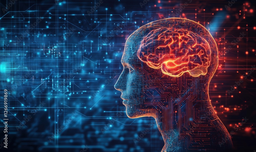 Aufkleber digital brain concept with neural connections and technology background