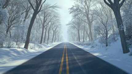 Obraz premium Snowy Road Through Winter Trees Landscape