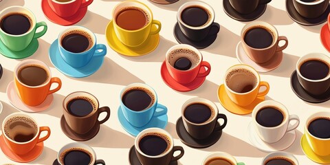 Colorful array of coffee cups arranged in a vibrant pattern on a light background