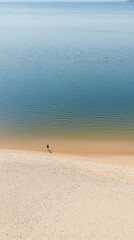 High angle view of sandy beach and calm ocean with solitary figure.  Possible stock photo use