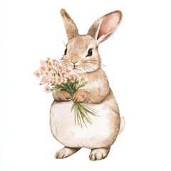 A cute bunny holding flowers, vintage watercolor tones, light tones, white background,