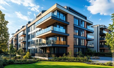 Modern residential building with balconies and landscaped garden in urban setting