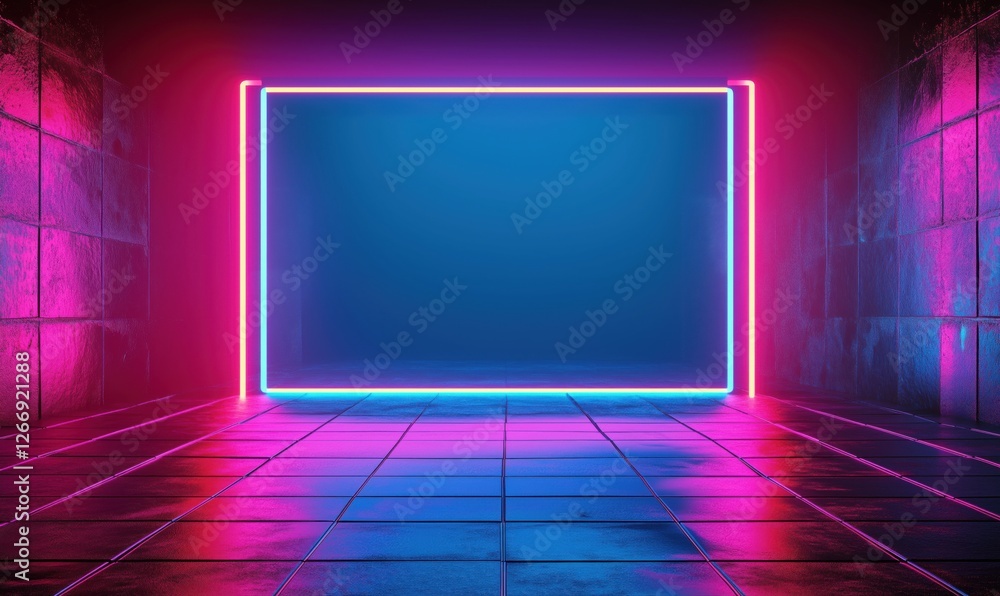 Aufkleber neon-lit empty corridor with glowing frame and reflective floor in dark setting