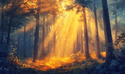 Golden sunlight streaming through trees in a serene forest landscape