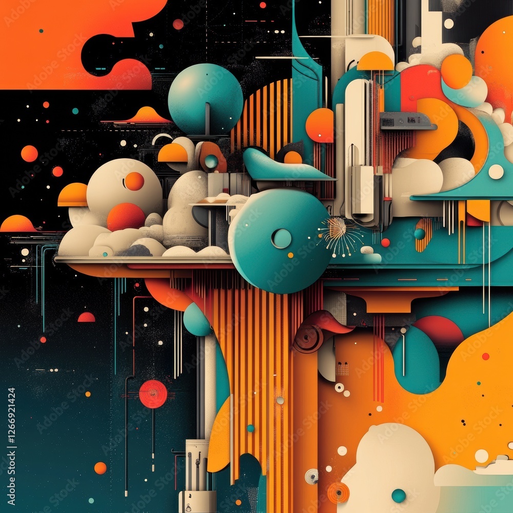 Poster colorful abstract composition featuring geometric shapes and vibrant colors creating a surreal lands