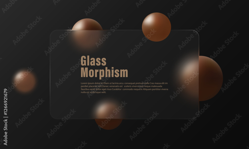 Poster glass morphism website landing page template. graphite background with glass partition and mocha col