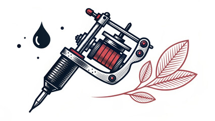 A detailed tattoo machine is depicted alongside a stylized leaf branch in red and black ink. Droplets of ink add a dynamic touch to the design.AI