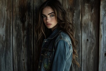 Fototapeta premium A young woman with long brown hair, wearing a denim jacket, poses against a rustic wooden background.