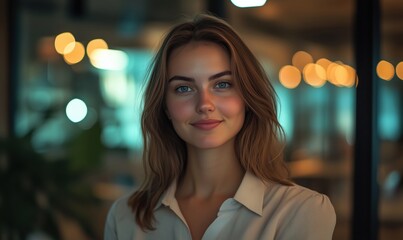 Portrait of a young woman with natural beauty in a modern office setting
