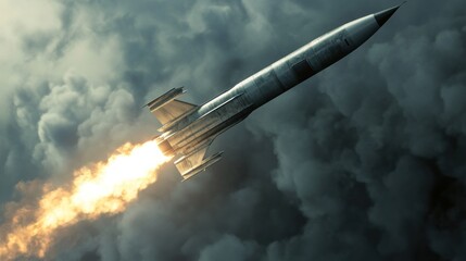 Missile launch through dark clouds, fiery exhaust trail.