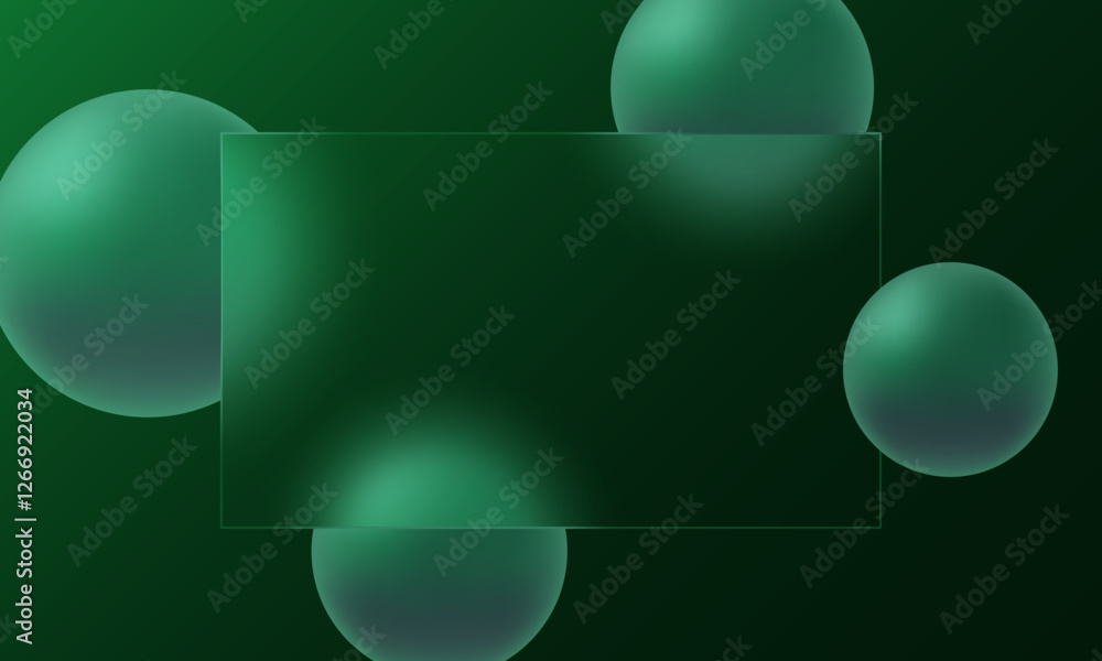 Poster dark emerald background and spheres with a rectangular plate of transparent material in the center, 