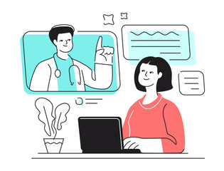 Online consultation with doctor by video call using laptop. Woman patient has conversation to medical worker, therapist