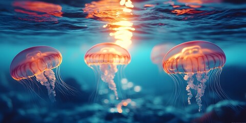 A serene underwater scene with floating jellyfish and soft light streaming through creates a tranquil, surreal atmosphere. Perfect for backgrounds, spa ads, or any media evoking calm and meditation.