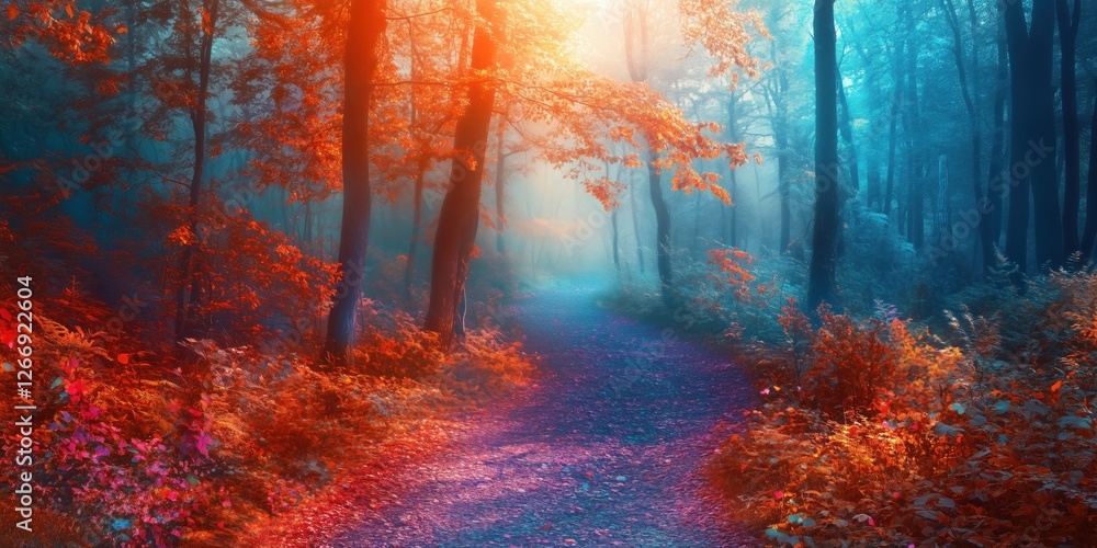 Poster enchanting forest path illuminated by soft light and vibrant autumn colors