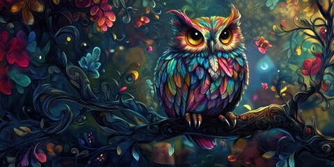 Fototapeta premium Colorful owl perched on branch surrounded by vibrant flowers and foliage