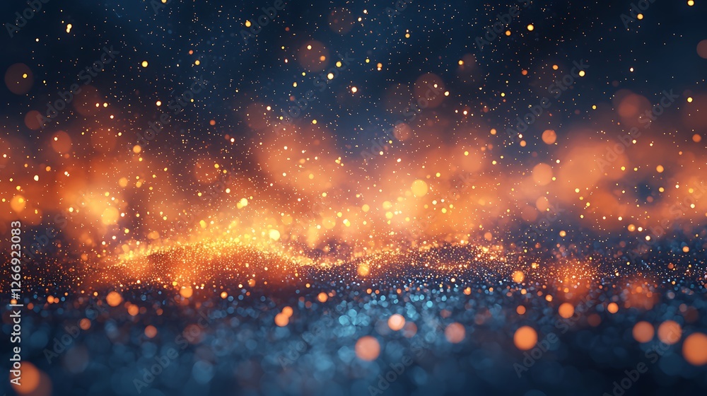 Poster glowing particles swirl, dark background, bokeh effect, abstract design