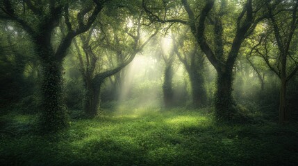 Obraz premium Sunbeams Illuminate a Mystical Green Forest Scene