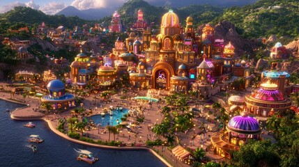 Coastal fantasy city, bustling market, sunset, aerial view, travel poster