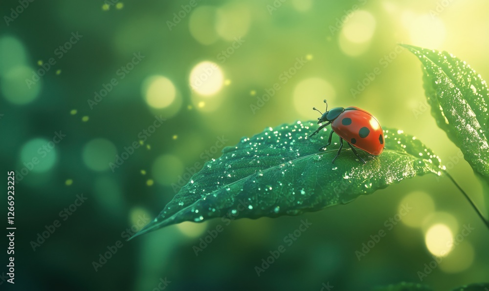 Poster ladybug resting on dew-covered leaf in serene green environment with soft bokeh
