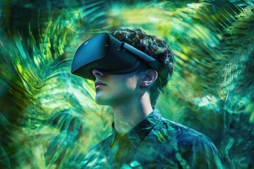 A young man immersed in a vibrant virtual reality experience, surrounded by lush, tropical foliage.