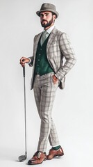 A fashionable man dressed in classic golf attire admires his golf club with elegance and poise on white background	