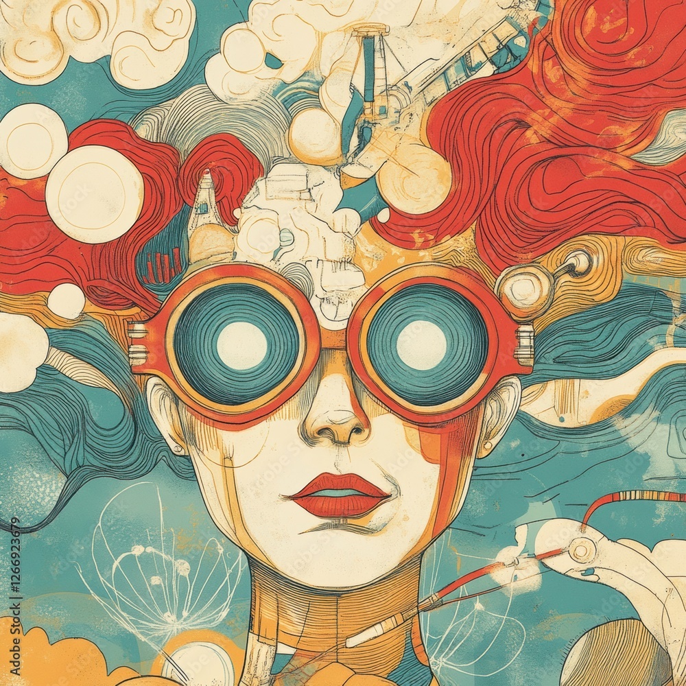 Poster creative portrait of a woman in goggles surrounded by colorful abstract designs and elements of scie