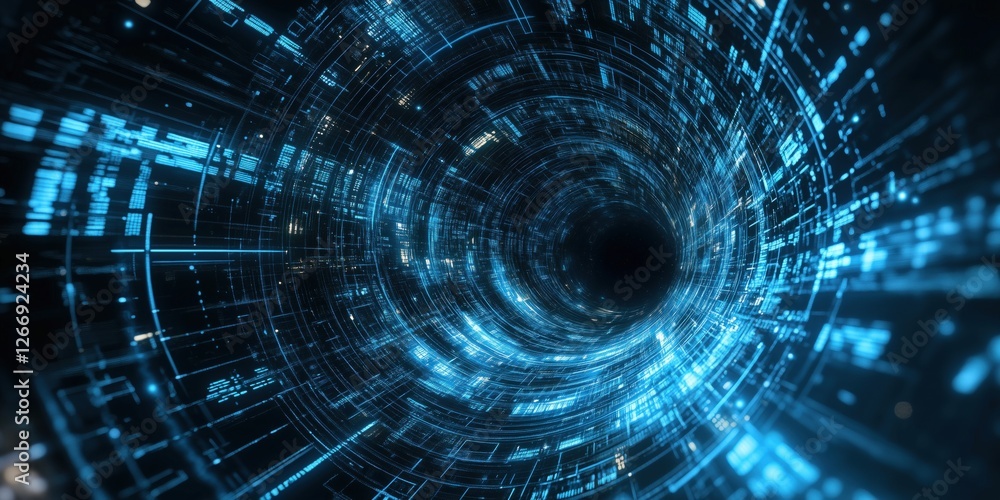 Poster futuristic digital tunnel with glowing blue lines and data streams