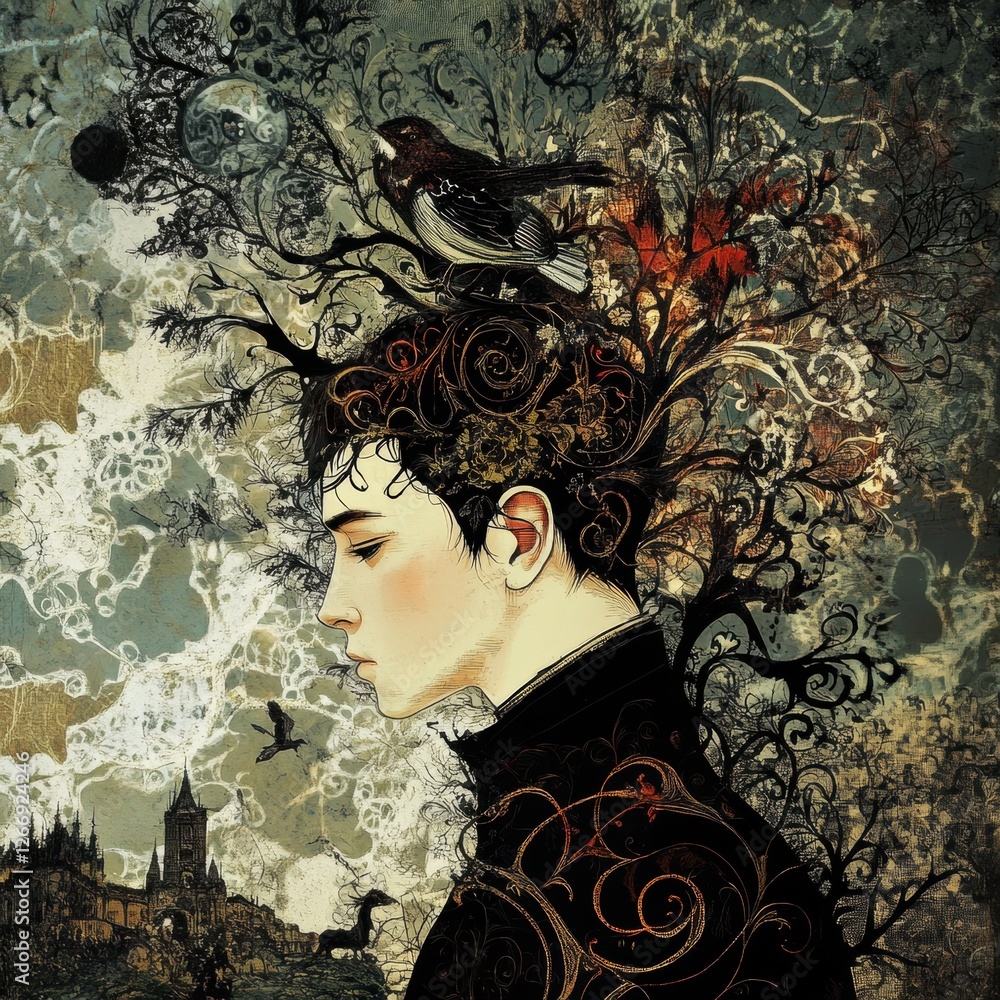 Poster creative portrait of a young man with nature-themed elements and an artistic background in an imagin