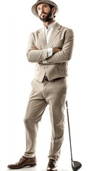 Fototapeta premium A fashionable man dressed in classic golf attire admires his golf club with elegance and poise on white background 