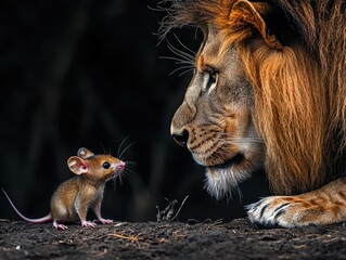 Fototapeta premium Lion and Mouse Encounter in Dramatic Lighting at Wildlife Setting