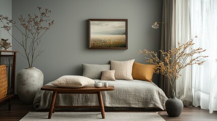 Interior design with a painting on wall, couch, table, pillows, vases near window