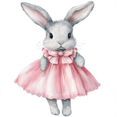 Obraz premium watercolor fluffy bunny wearing pink dress, isolated in white background